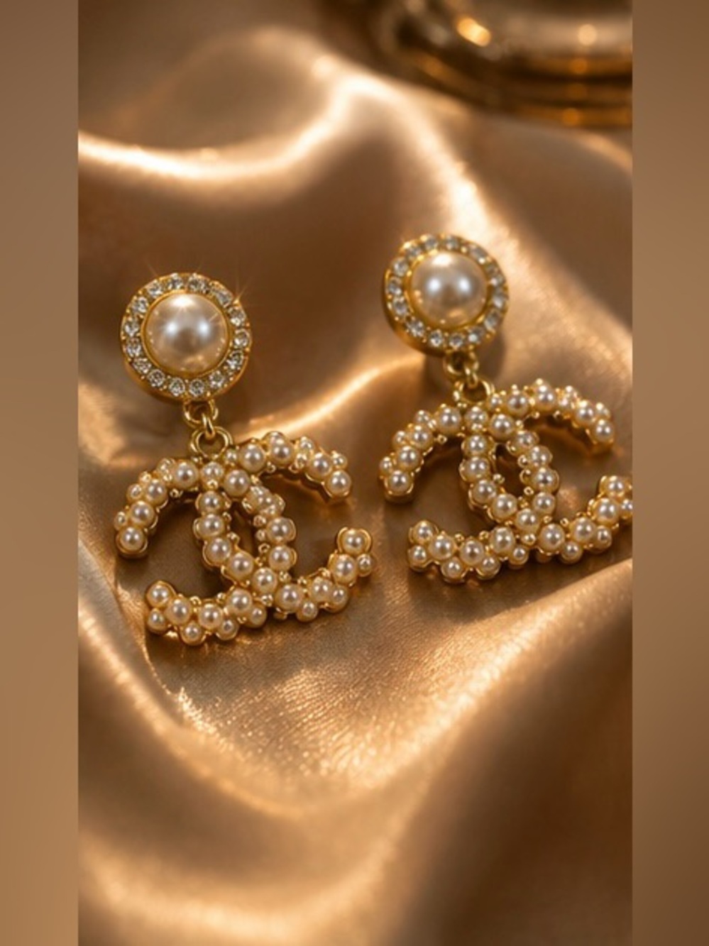 Gold Tone Pearl Crystal Interlocking C Drop Statement Earrings